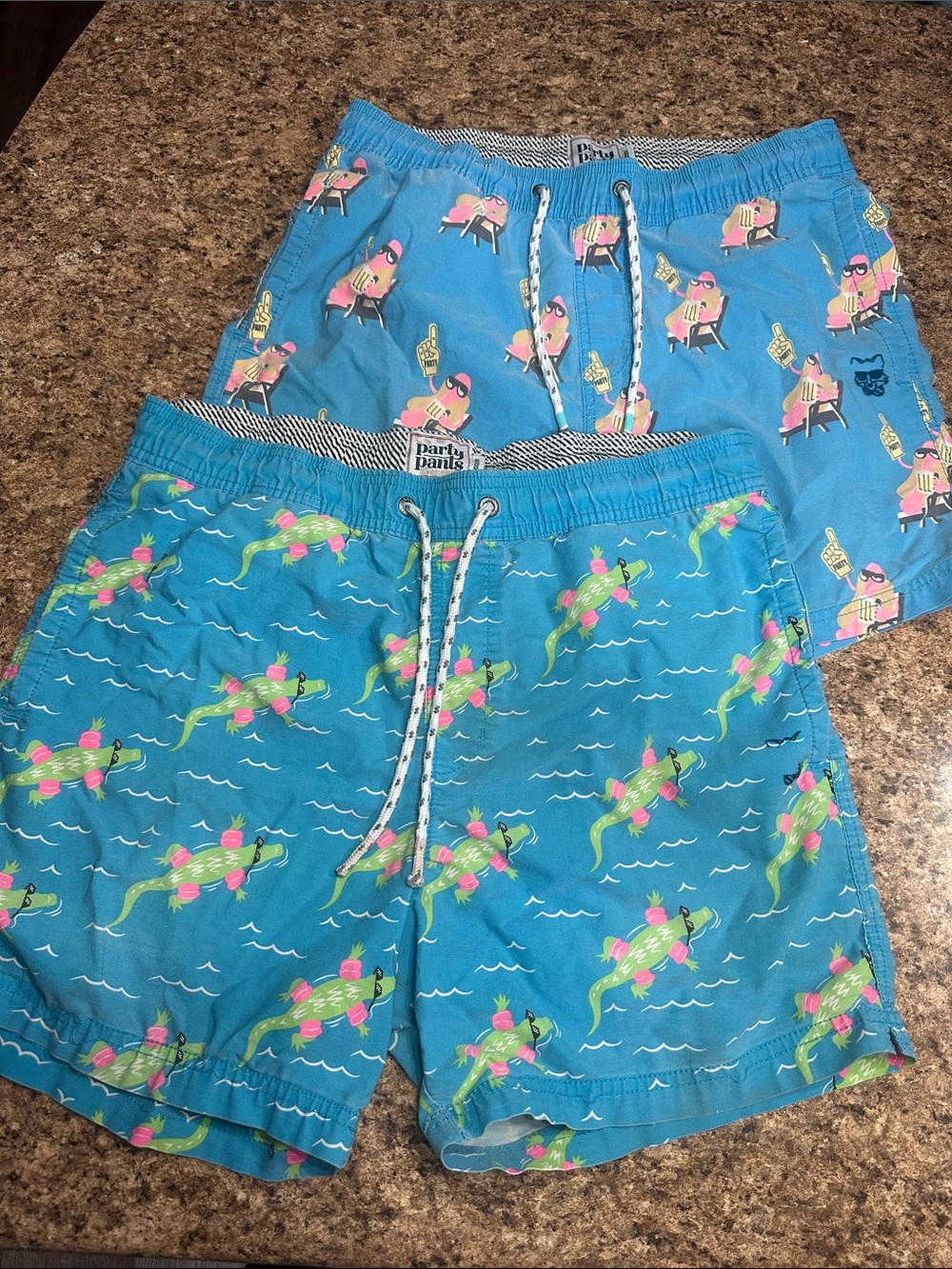 2 Pairs Men’s Medium Party Pants Swim Trunks Well Worn See Pics Price Reflects